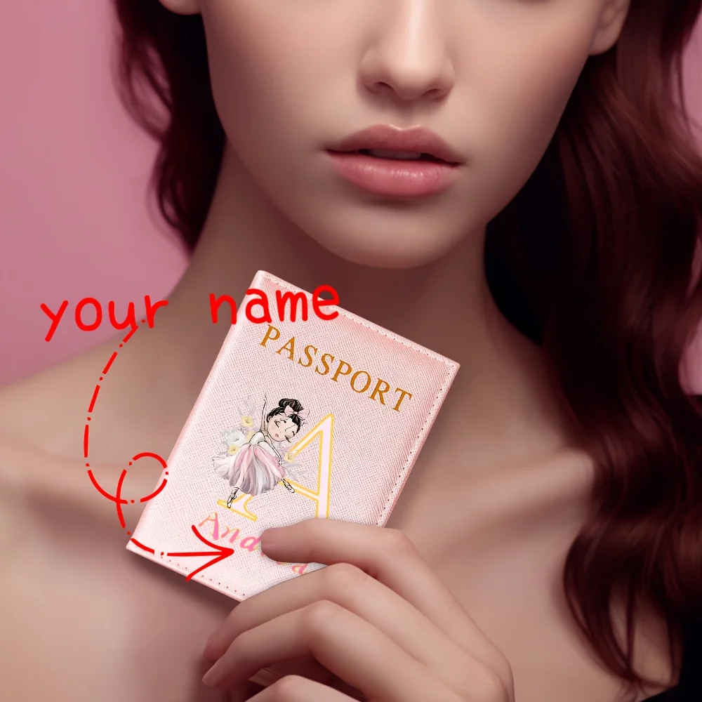 Personalized Name Beautiful Flowers Ballerina 26 English Initials PU Passport Holder Set, Ultra-thin Travel Wallet Card Holder