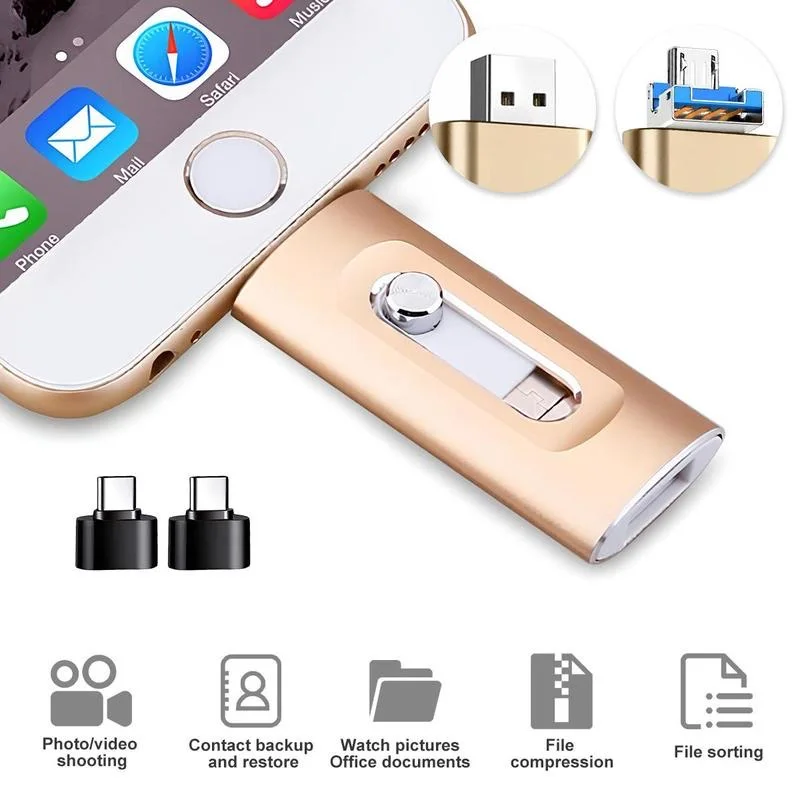 4-in-1 USB 3.0 Flash Drive for iPhone & Type-C & Android & PC, External Storage Drive, Thumb Drive Pen Drive Memory Stick