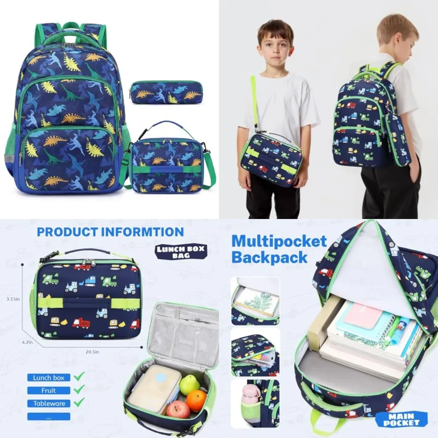

3PCS Backpack Set - Waterproof Bookbag with Lunch Box for Boys Ages 3-12, Adorable Cartoon Prints for School and Outdoor Use
