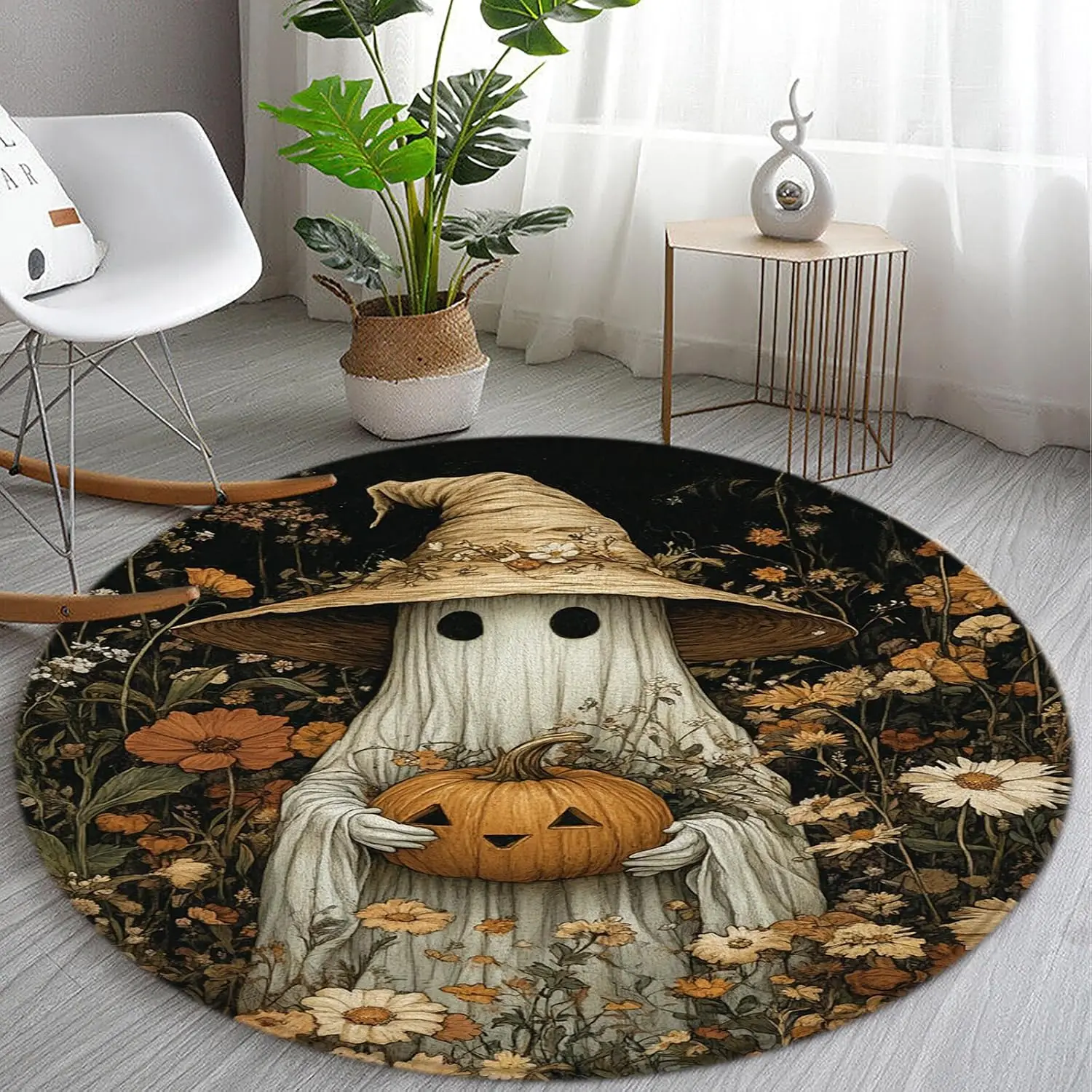 Halloween Ghost Round Area Rugs Vinatge Floral Pumpkin Spooky Autumn Flower Retro Wildflower Gothic Night for Bedroom,Kitchen,Bathroom,Backyard,Patio,Porch