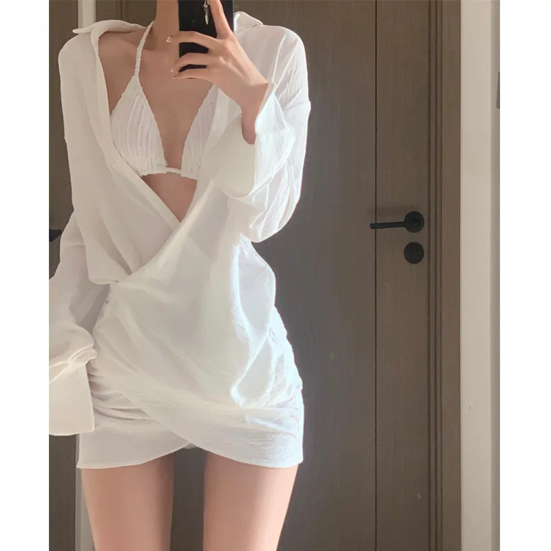 

Sexy White Bikini with Cover Up Long Sleeve Cover Shirt 3pcs Set for Womens Swimwear Bathing Suit for Vacation Resort Hot Spring