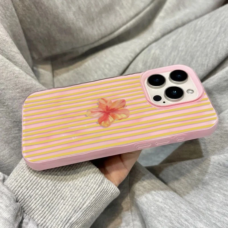 노란색 줄무늬 핑크 꽃무늬 감성적인 아이폰 17 프로 16 15 14 13 12 11 프로 맥스 플러스 에어 주름 텍스처 TPU 케이스