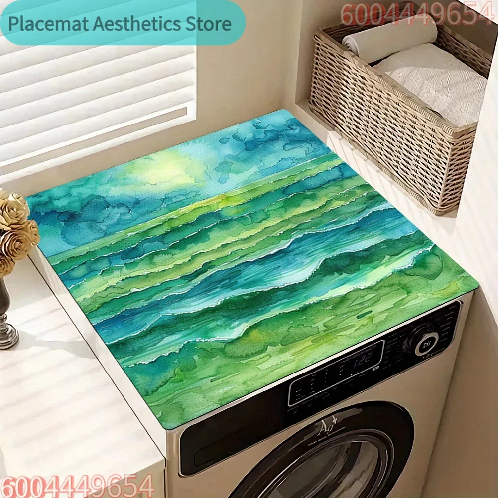Blue and Green Wave Pattern Non-Slip Washer & Dryer Protective Mat,  Polyester Dust Cover for Laundry Appliances, Enhances Bath