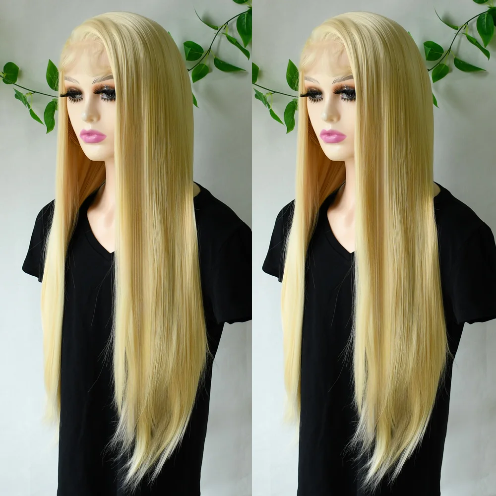 13x4 Glueless Blue Long Straight Synthetic Lace Front Wig Pre Plucked Ready To Wear for Women 24-32 Inch Daily Use
