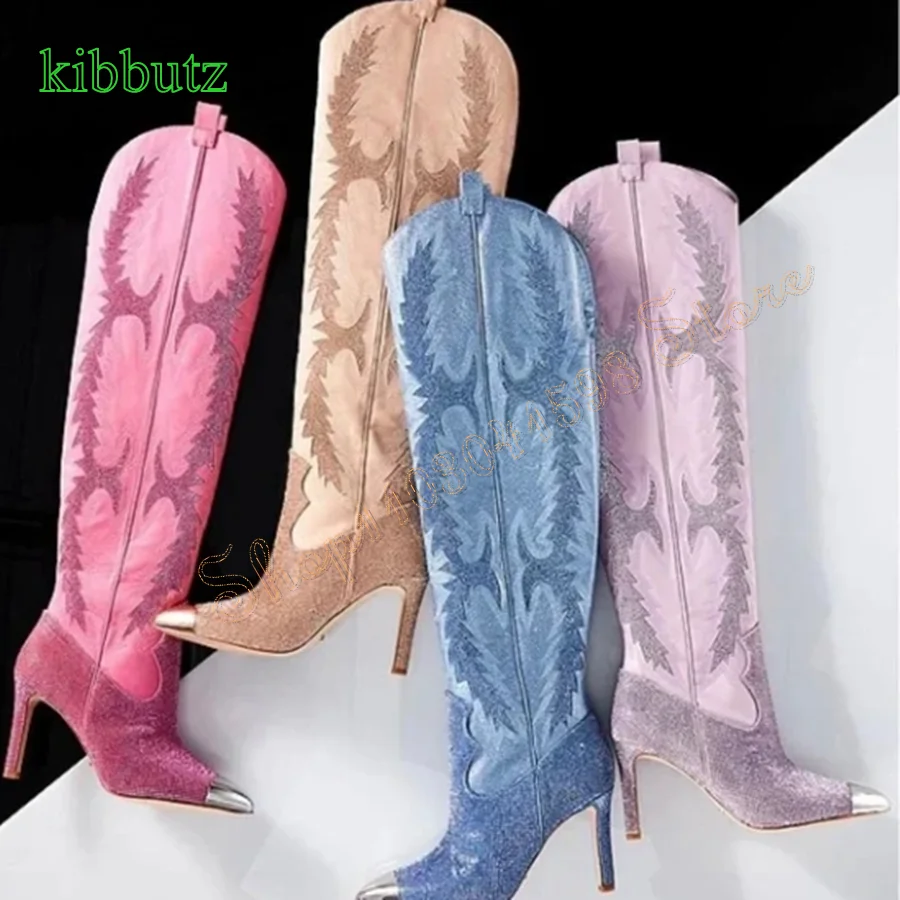 BlingBling Crystal Leather Boots for Women,Metal Pointed Toe Knee High Boots Stiletto Zipper High Heel Boots 2023 New Plus Size