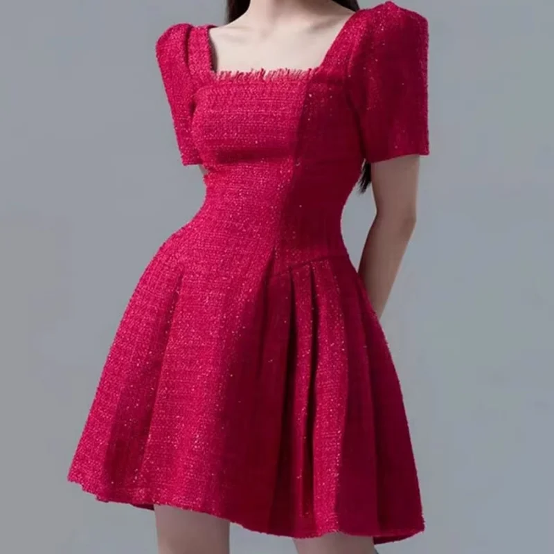 

Women Small Fragrant Red Vintage Square Neck Dress Bubble Short Sleeve A Line Pleated Tassel Sweet French Lady Tweed Mini Dress