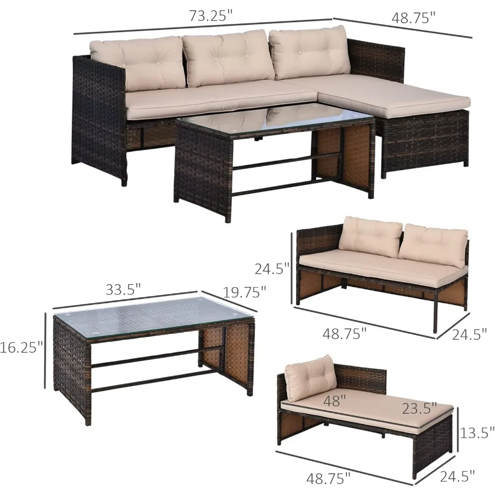 3 Piece Patio Furniture Set, Rattan Outdoor Sofa Set with Chaise Lounge & Loveseat, Soft Cushions, Tempered Glass Table