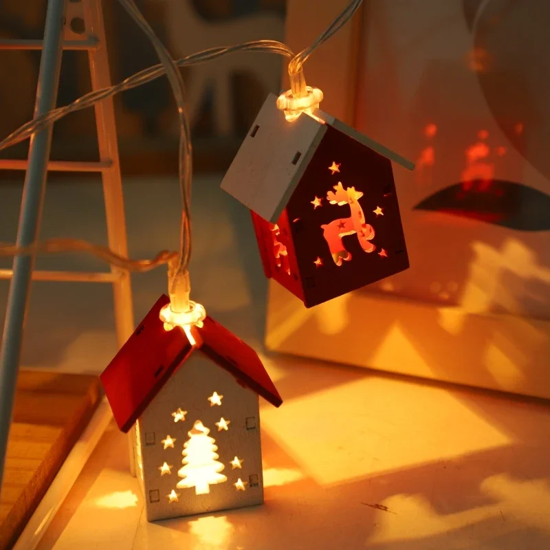 

Cute Mini Christmas Wooden House Shaped String Lights Wood House LED Fairy Lamp Xmas Tree Hanging Lights for Christmas Home Noel