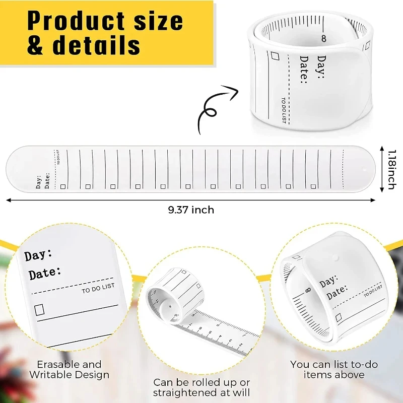 Silicone Writeable Wearable Memo Slap Ring Pocket To-do List Wrist Strap Waterproof Erasable with Oversized Scale for Children