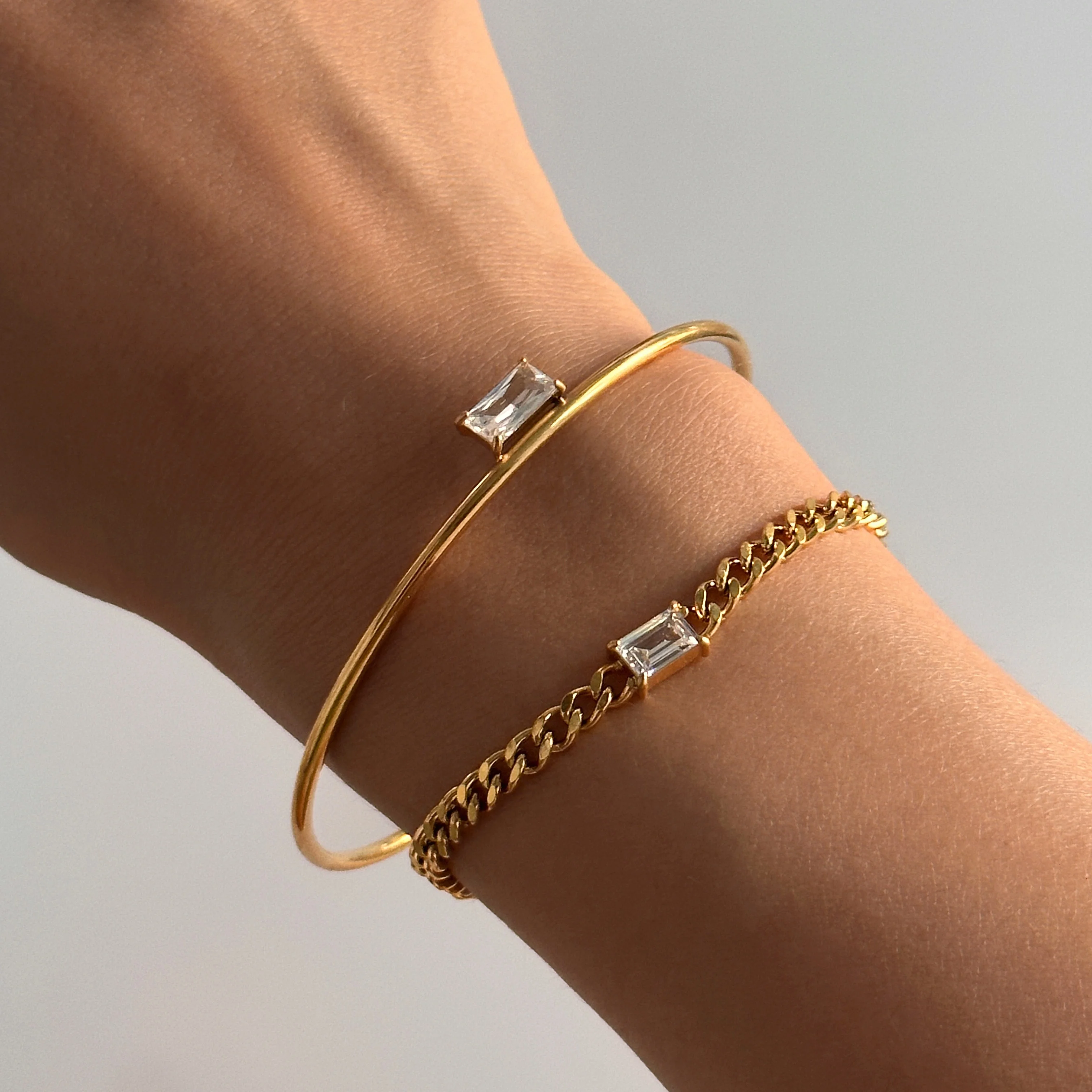 

DASEIN New Ins 18k Gold Plated Stainless Steel High Quality Super Shine Vintage Square Clear Zircon Cuban Chain Bracelet Bangle
