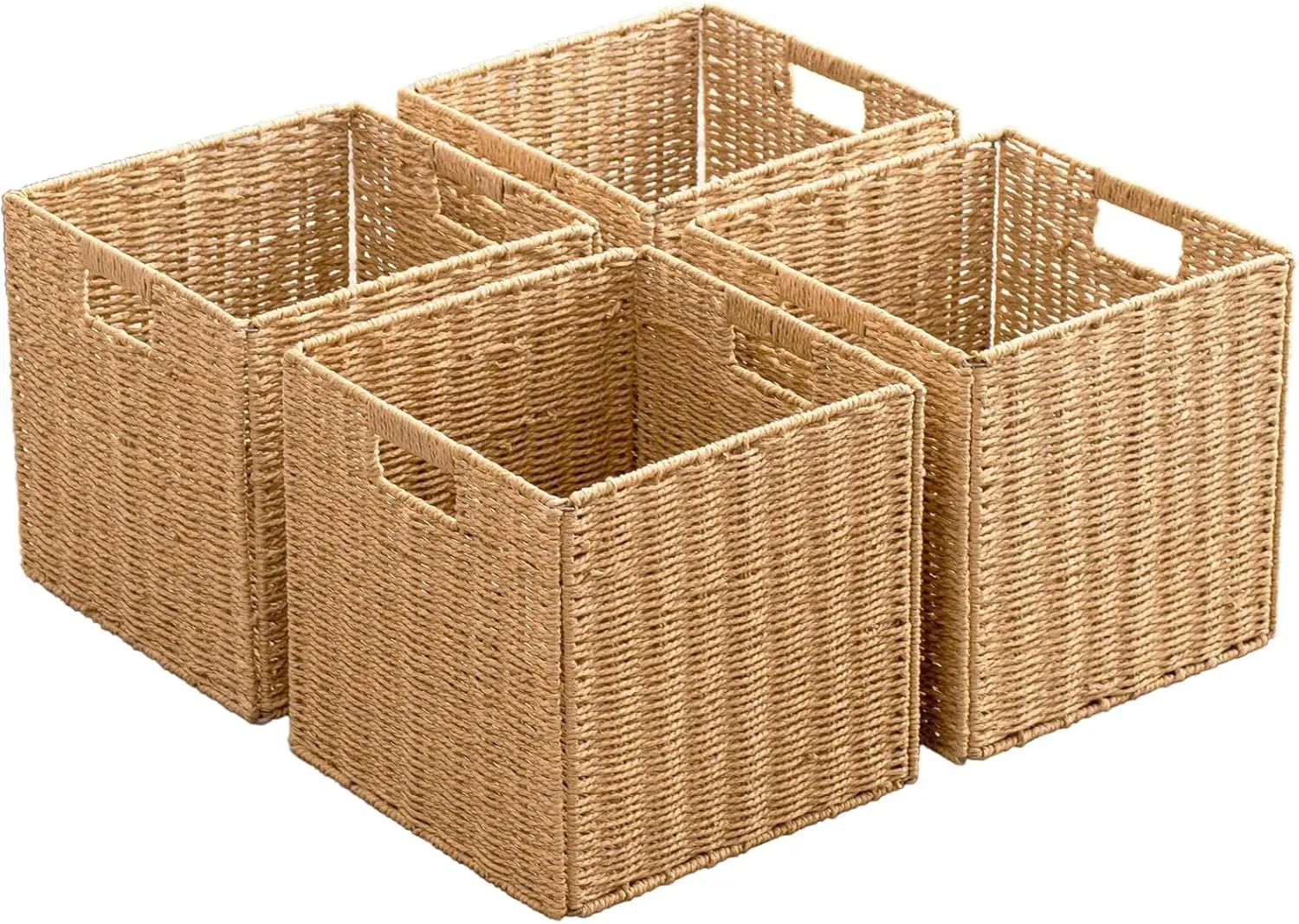 

Foldable Hand Woven Paper Rope Storage Baskets, Set of 4 Collapsible Cubes for Organizing Shelves in Living Room Bedroom Pantry