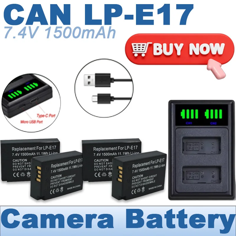 LP-E17 Camera Battery + LED Dual USB Charger Set Replacement for Canon EOS R8 RP R50 200D 250D M3 M5 M6 750D 760D T6s 800D T8i