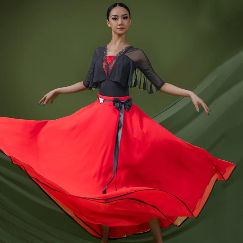 Summer Women\'S Modern Dancing Clothes Waltz Ballroom Dance Costumes Female Ruffled Top Long Skirts Stage Clothing SL10391