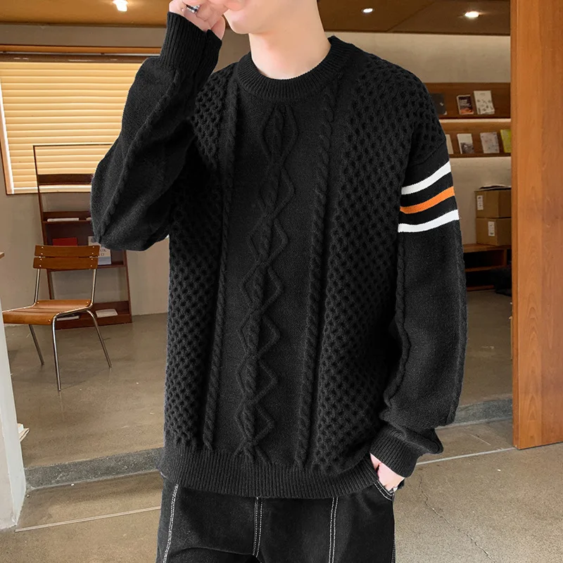 2024 Men's Autumn New Cable-Knit Sweater Loose Youth Casual Cool Knitwear