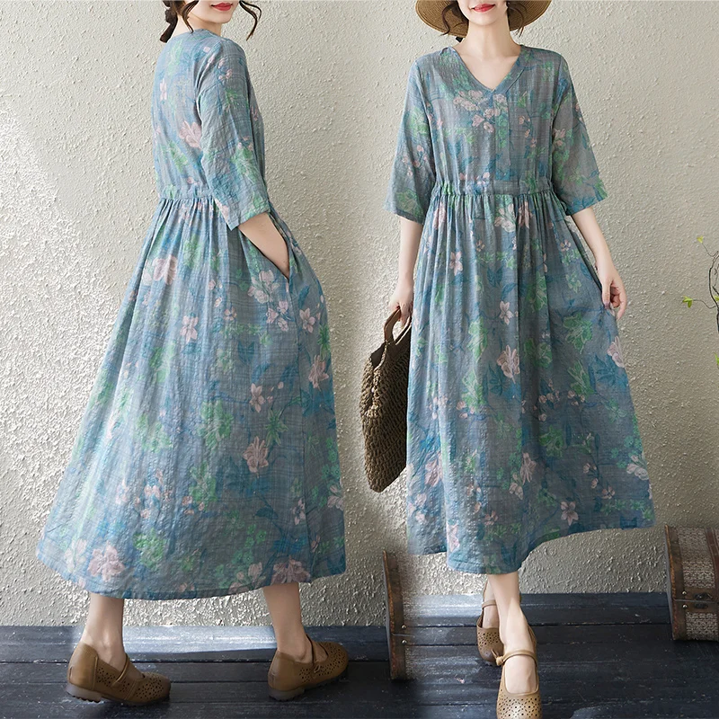 Retro Canapa Dr V-ne da donna in cotone e lino aderente in vita Midi Summer Zen Pure Tea Abbigliamento Stampa artistica Abito Vestibilità ampia...
