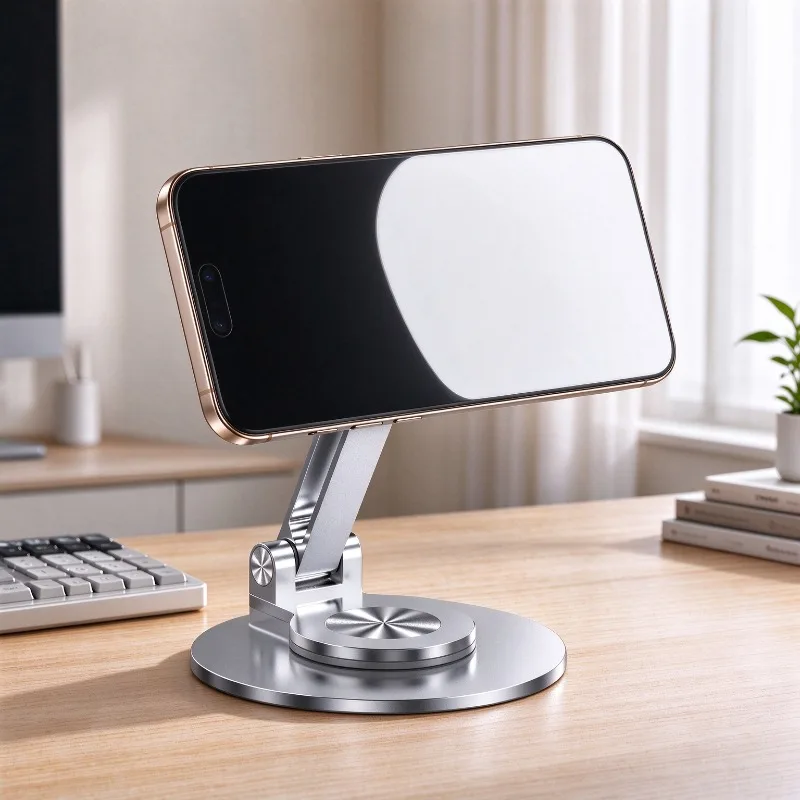N52 Magnetic Phone Stand with 360 Degree Rotating Base, Adjustable Height plus Foldable Metal Design for Compatible Devices