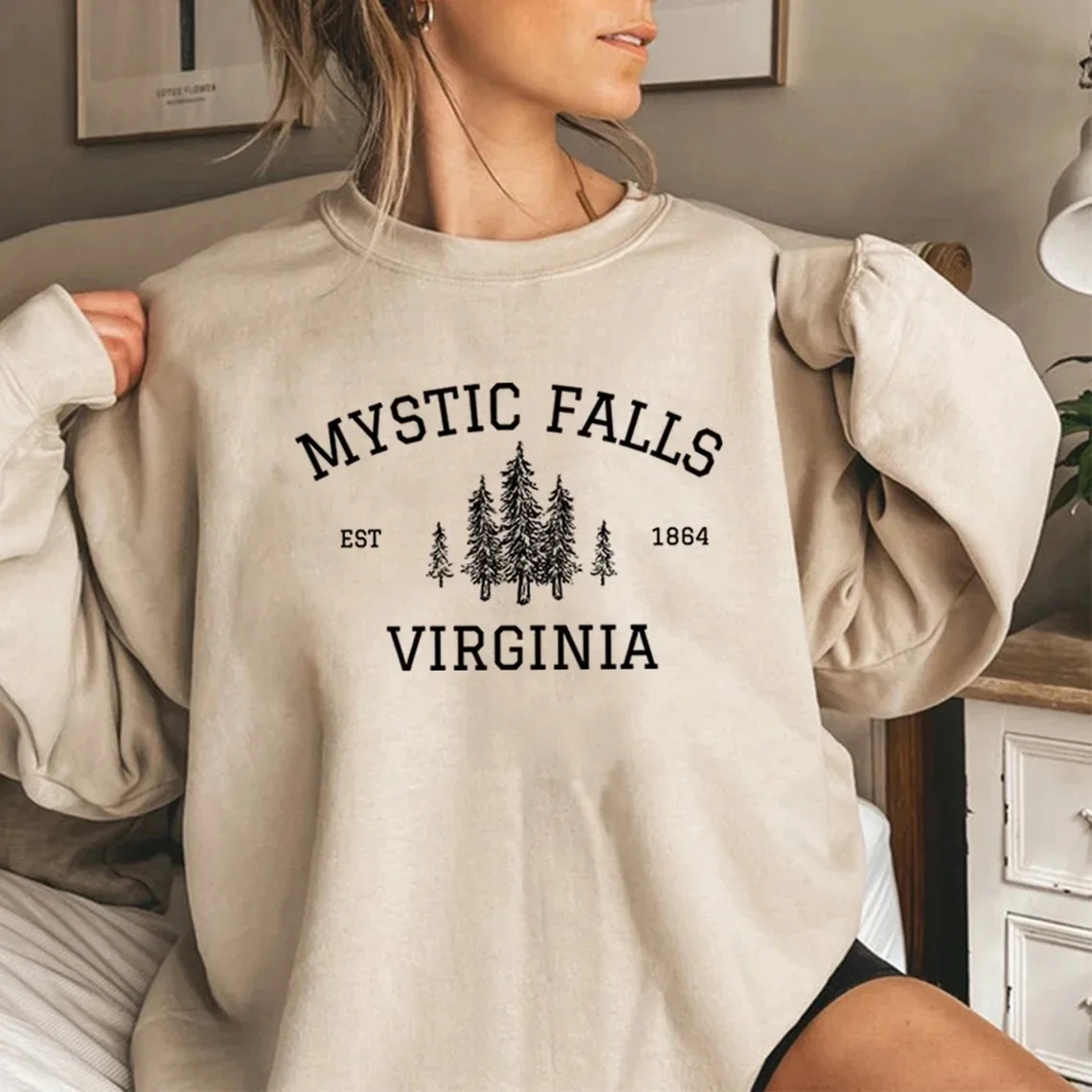 MYSTIC FALLS Women  autumn and winter fashion sweatshirt digital printing round neck drop shoulder long sleeve sweatshirt