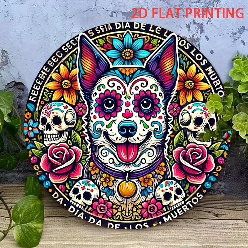 قطعة واحدة مسطحة ثنائية الأبعاد من علامة خشبية دائرية فنية للاحتفال بعيد الكلب الميت - مثالية لتزيين يوم الموتى