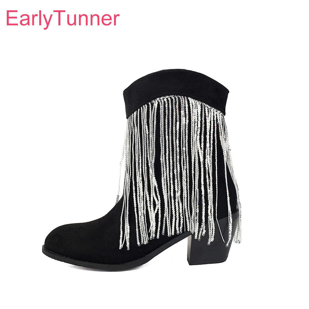 

2025 New Winter Fashion Black Women Ankle Boots Western Pointed Toe High Heel Lady Tassel Shoes Plus Big Size 11 43 46
