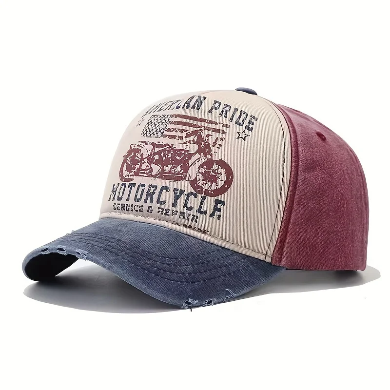 Cool Hippie Retro Curved Brim Baseball Cap, Motorcycle Print Distressed Trucker Hat, Color Block Style Ripped Snapback Hat