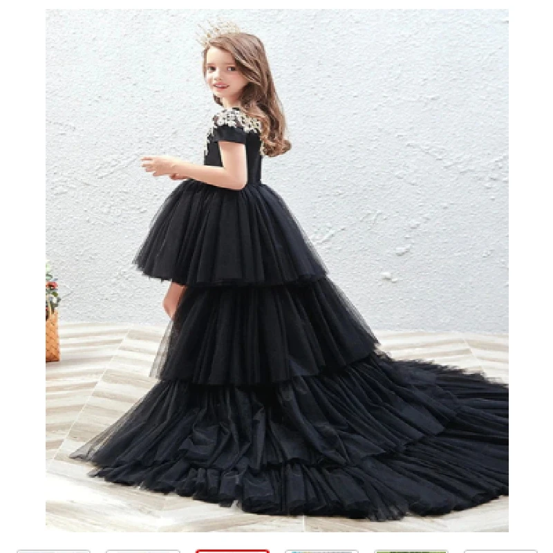 Preto applique flor menina vestido de renda manga curta tule inchado princesa crianças festa aniversário primeira comunhão vestidos baile vestido