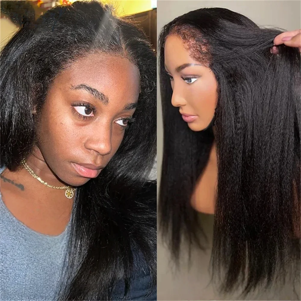 28Inch Long Natural Black Yaki Straight Soft Glueless Lace Front Wig For Women With Baby Hair Preplucked Daily