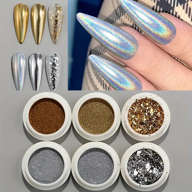 Gold Silver Metal Chrome Mirror Nail Powder, Laser Glitter Foil with Irregular Pieces, Multi-Color Magic Mirror Effect, Oxide Ti