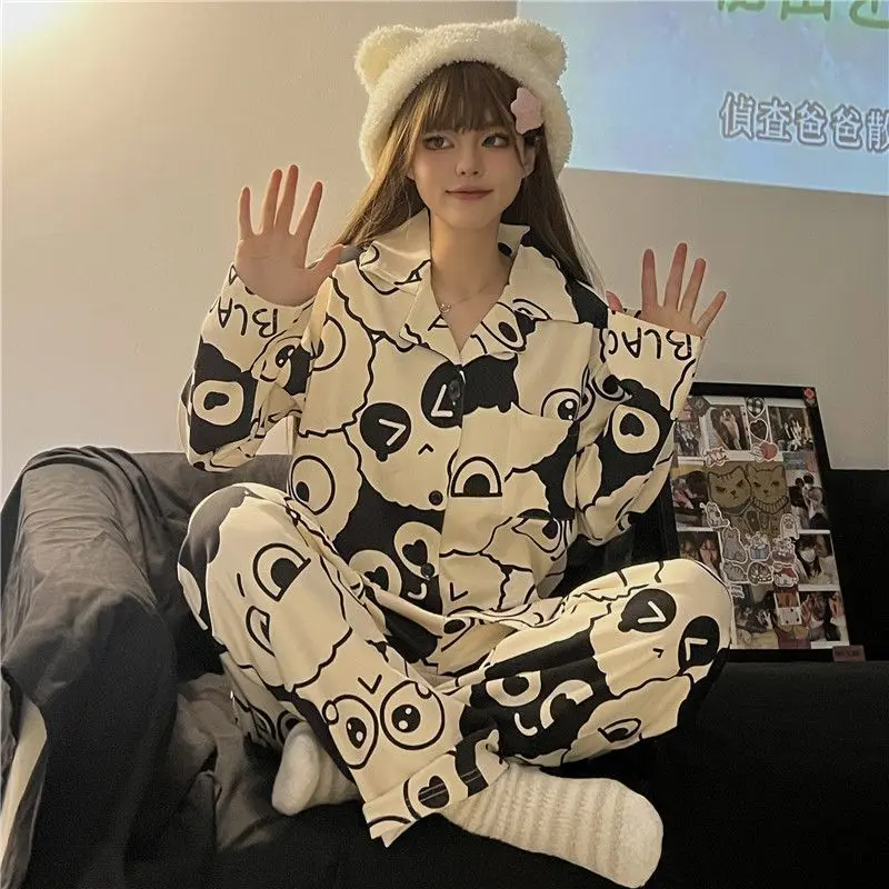 Sleepwear Korean Couples Pajamas Spring and Autumn Women\'s Pajamas Long-sleeved Trousers Cartoon Homewear V-neck Pajama Sets