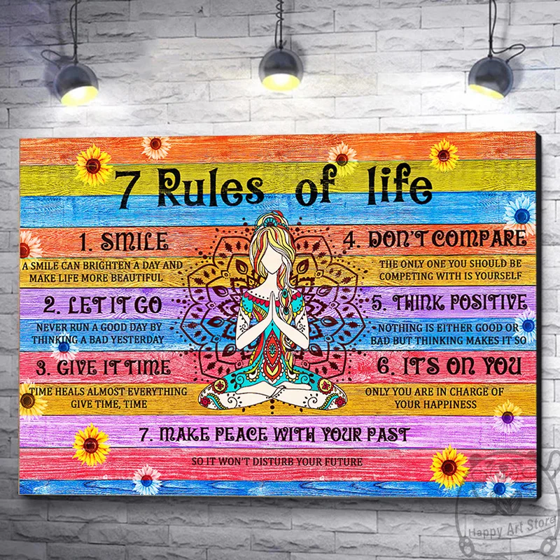 7 Rules of Life Poster Peace Love Wall Art Yoga Meditation Buddha Girl Canvas Print Life Quotes Picture Home Room Decor Painting