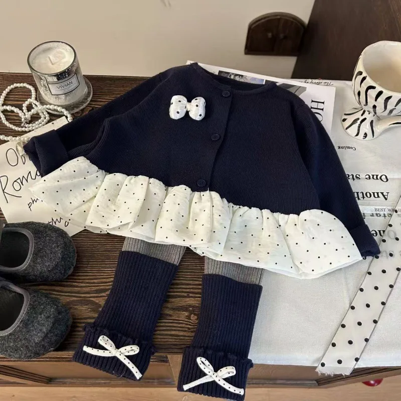 

Korean Version of Children's Clothing 2025 New Autumn Girls Splicing Polka Dot Sweater Cardigan Bow Stacking Socks Leggings