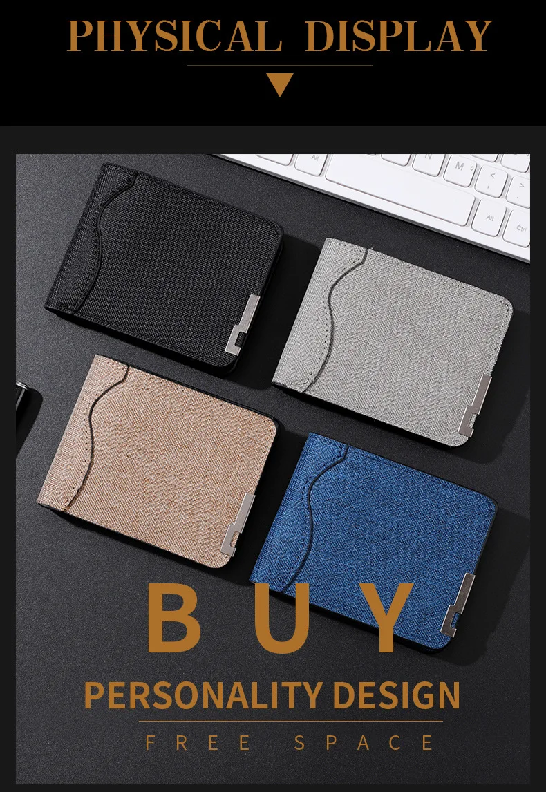 Men's And Women's Slim Fit Double Fold Canvas Wallet With Metal Decoration, Casual Denim Style Cash And Card Wallet