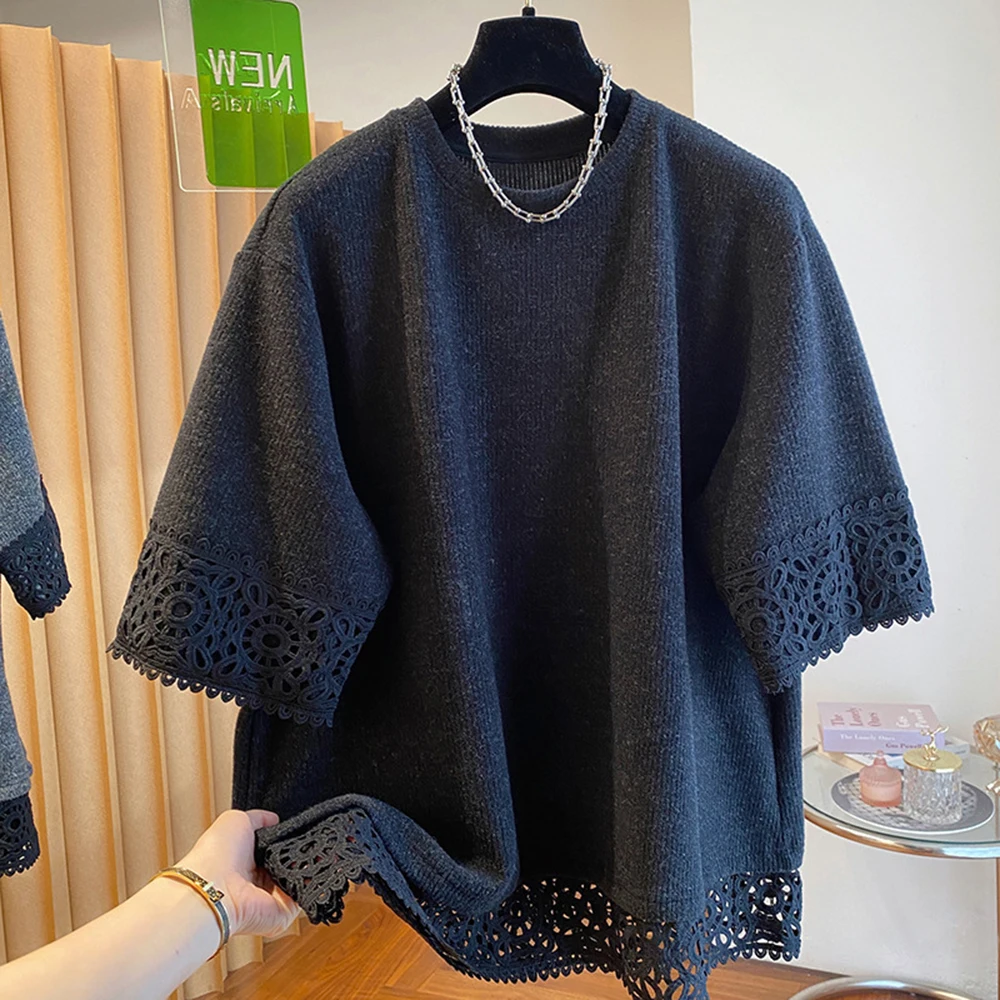 Lace Trim On Cuffs Short Sleeve T-shirt Women's 2026 Spring Summer New Plus Size Loose Underwear Tops Female Casual Blouse