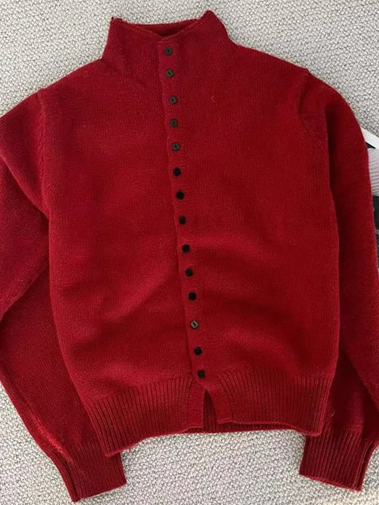 Ele Pure Color Strickpullover mit hohem Kragen und einem Knopf, lang, feenhaft, schlichtes Design, bequemes Oberbekleidungsoberteil