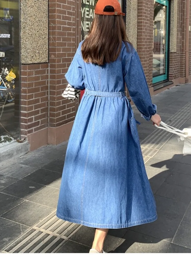 [EWQ] Korean Style Lace Up Waist Denim Shirt Dress Vintage Single Breasted Long Sleeve Dresses Women 2024 Spring Autumn 16U7978