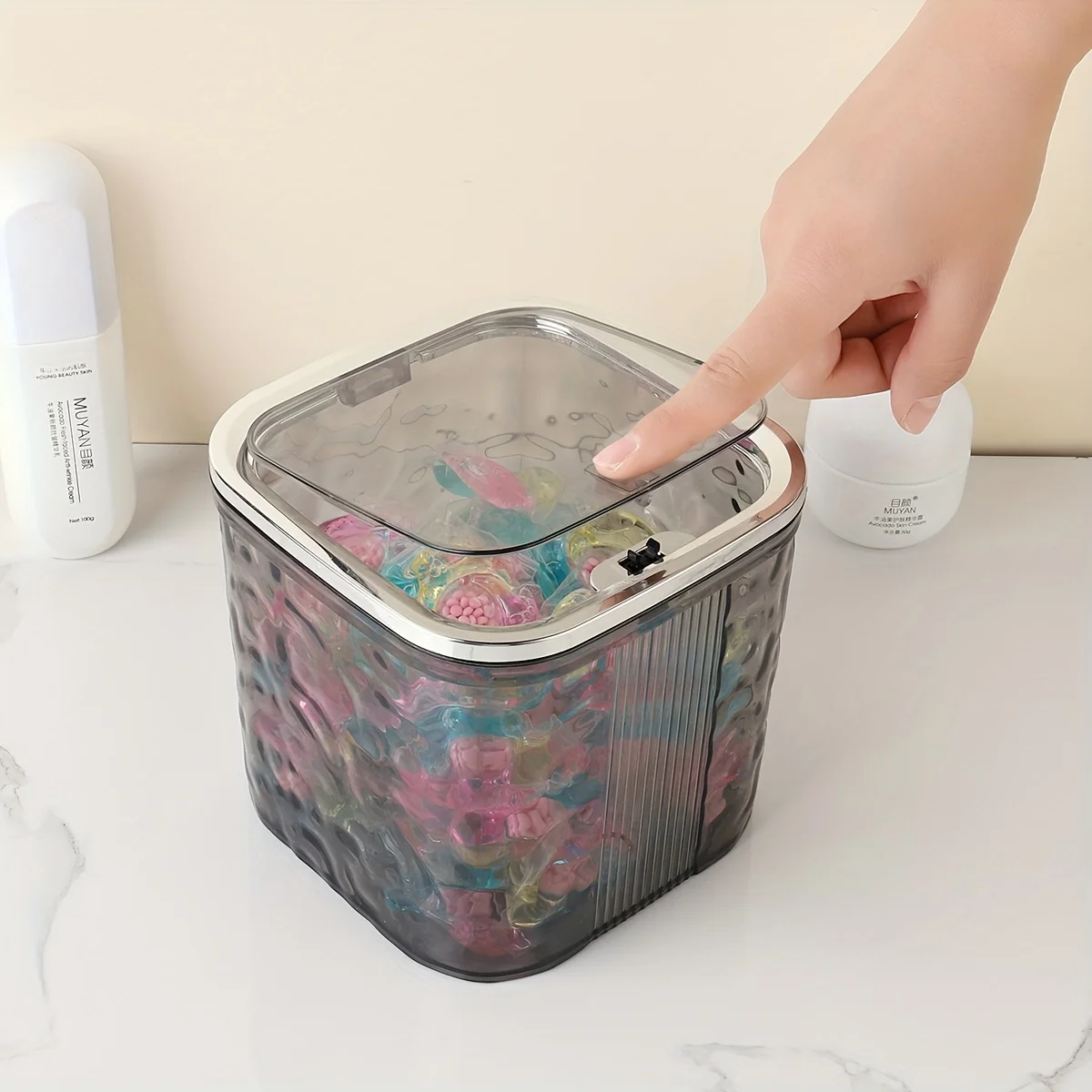 Multi-Functional Laundry Capsule Organizer with Spoon - Durable Plastic Storage Container for Laundry Capsules, Laundry Detergen