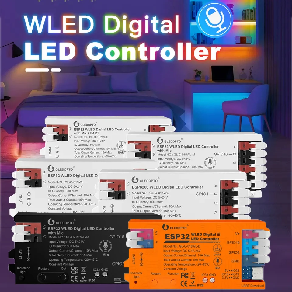 

GLEDOPTO WLED LED Controller with Mic / UART DC5-24V Type-C Interface no Gateway Required