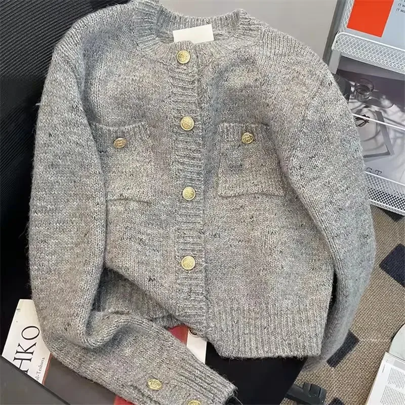 

Осень-зима, женский свитер, трикотаж, новинка 2025, модный свободный повседневный кардиган, женские топы на пуговицах, однотонная серая верхняя одежда, женская