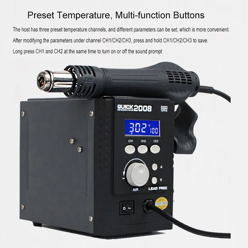 QUICK 2008 Spiral Wind Hot Air Gun,700W Anti-static Lead-free Digital Display Desoldering Station,ESD SAFE SMD Rework Station