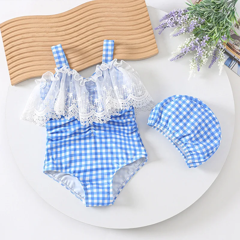 Korean Style Children One-piece Blue Plaid Lace Swimsuit for Girls Backless Sling Swimwear Bath Suit Girls Quick Drying With Cap