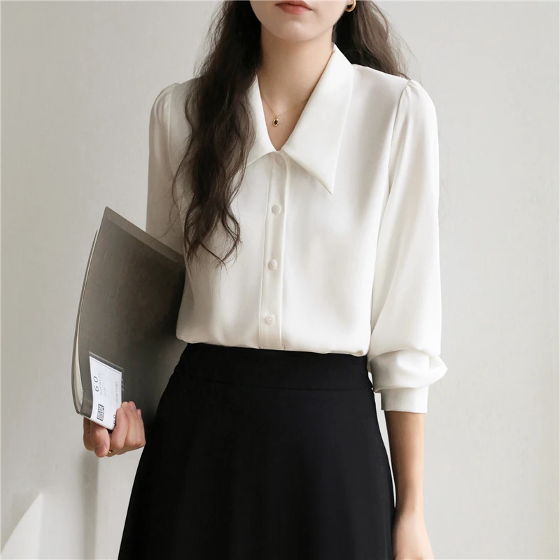 2025 moda feminina manga longa simples sólido topos primavera outono casual chiffon camisa feminina senhora do escritório blusa elegante