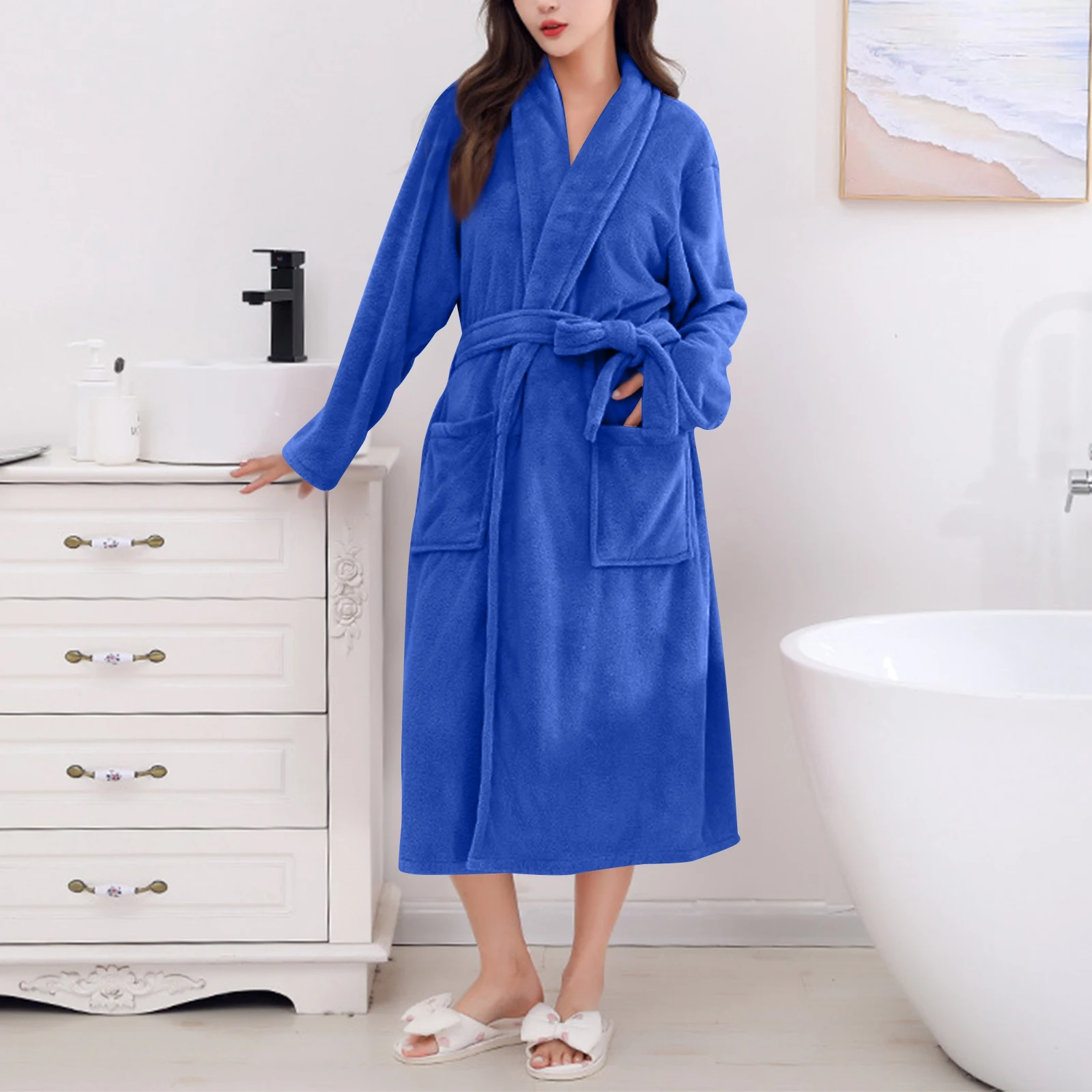 

Autumn Winter Thicken Solid Color Long Sleeve Warm Bathrobe Soft and Comfy Home Wear Plush Pajamas Nightgown for Female