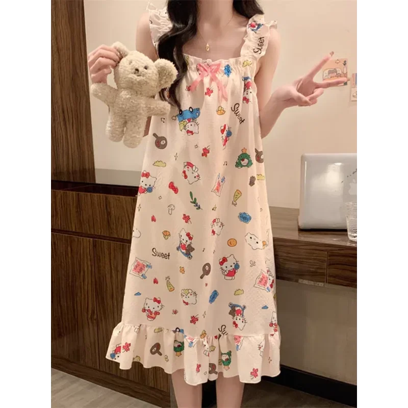 Pijama sem mangas da Hello Kitty Sanrio com colete para mulheres, vestido solto com alça, doce e bonito, estilo ocidental, novo e bonito