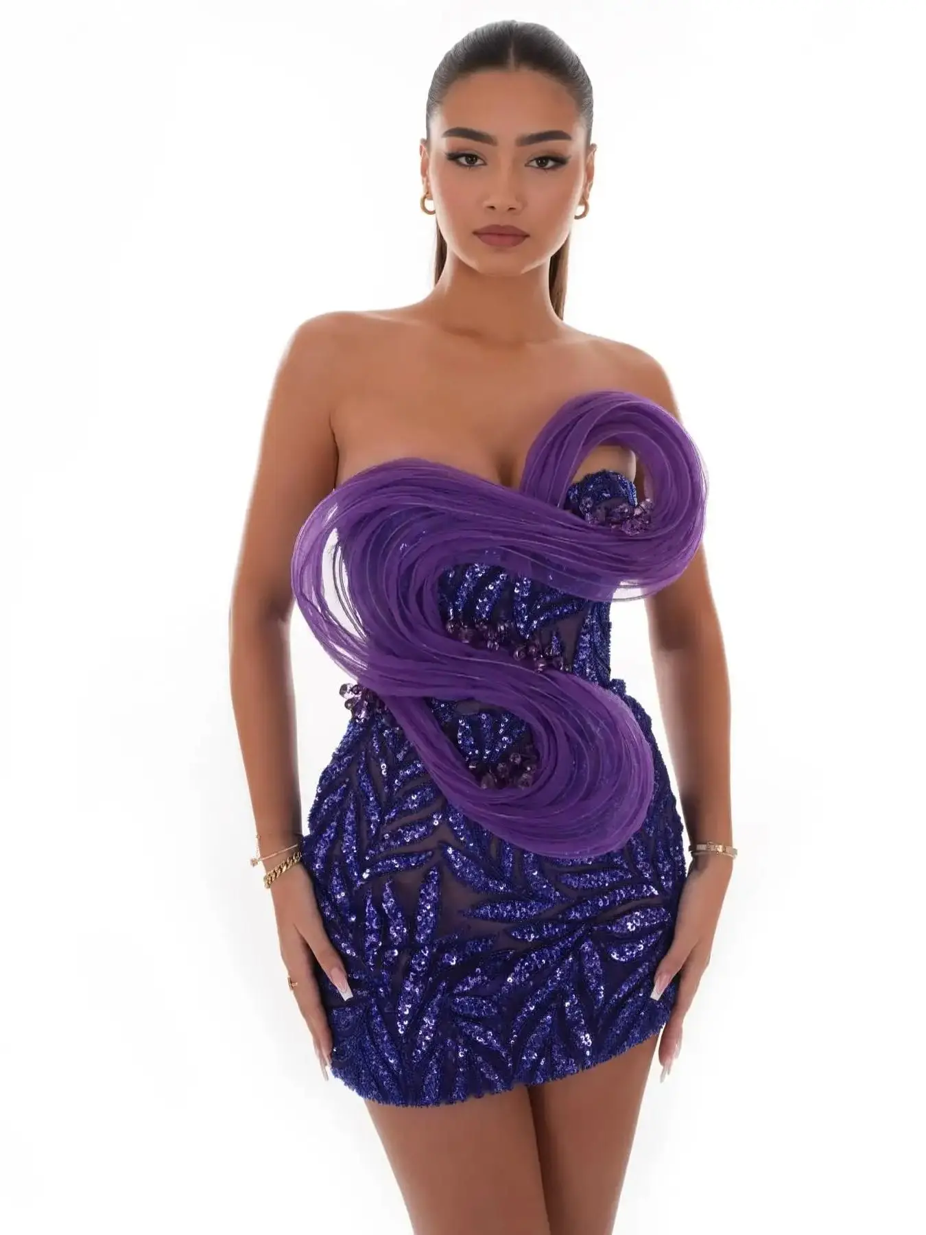 Fashion Design 3D Decoration Violet Sequins Strapless Mini Dress Woman Birthday Party Evening Dress Celebrity Party Outfit