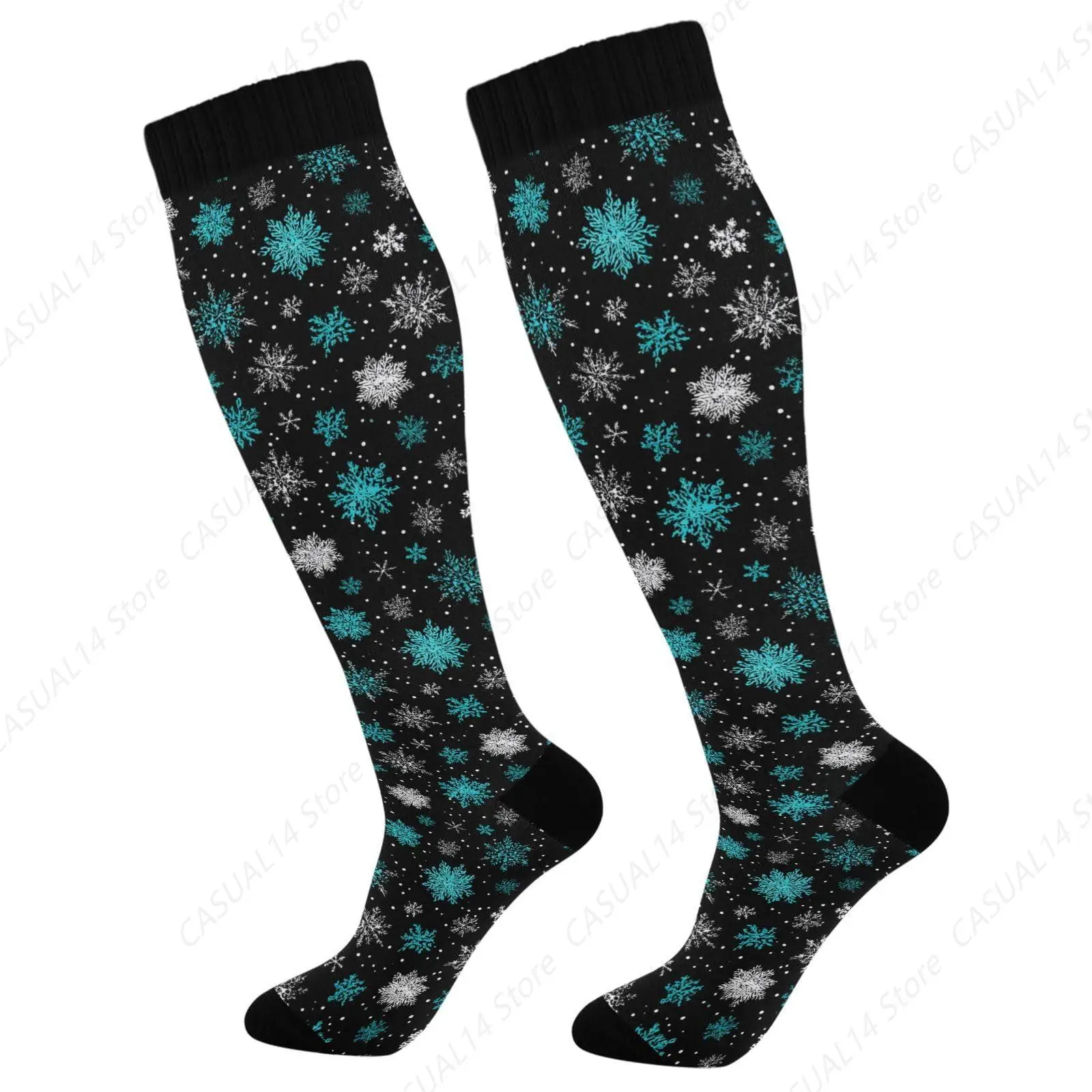

Turquoise White Snowflake Compression Socks for Women Men Support Socks For Nurse, Travel, Flight