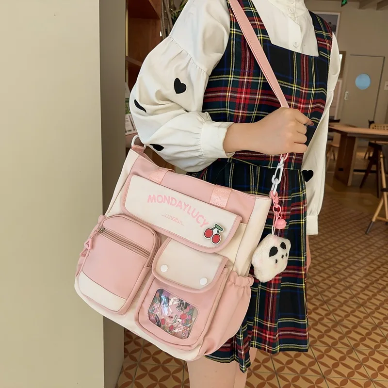 

Легкая нейлоновая сумка через плечо с цветовым контрастом, вместительная сумка для занятий, стильная сумка для учебы и повседневной носки.