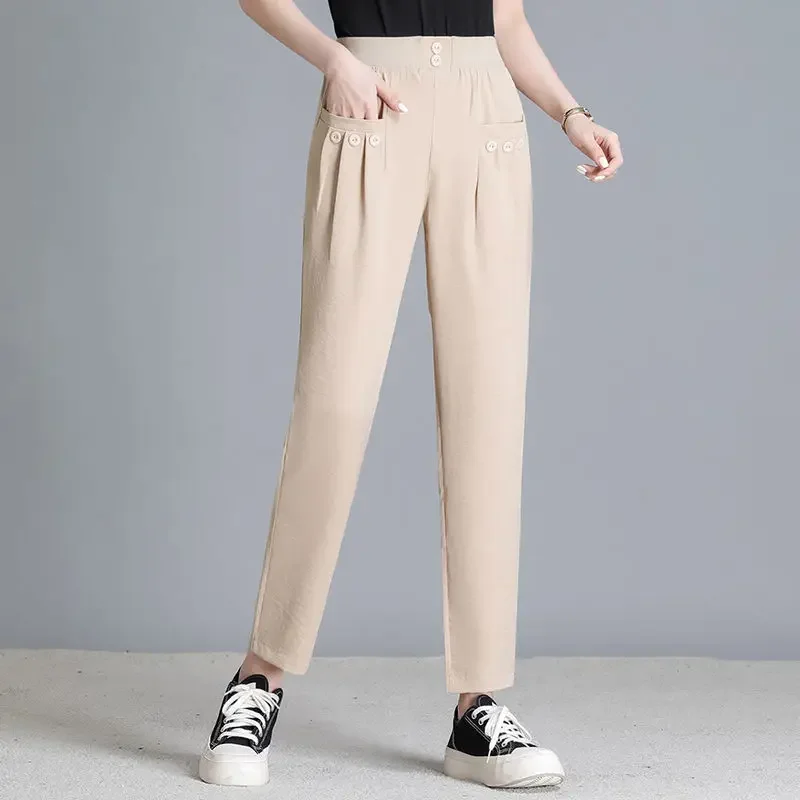 Spring Autumn Women's Clothing Solid Color Elastic High Waisted Pockets Button Casual Trousers Straight Pencil Office Lady Pants