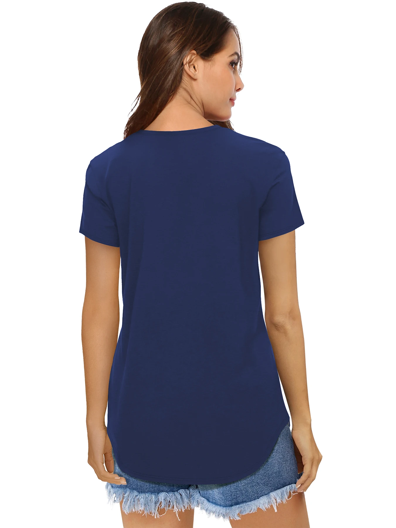 Women\'s Navy Blue Small Round Neck Rounded Hem T-Shirt