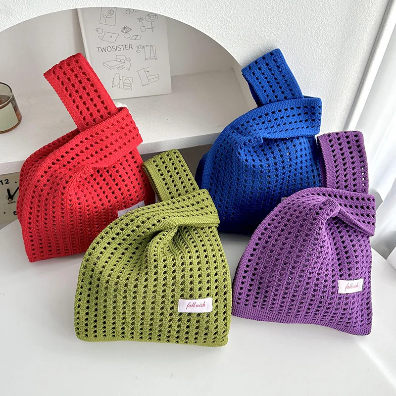 

Handmade Knit Handbag Women Mini Knot Wrist-bag Female Casual Color Wide Stripe Plaid Tote Bag Student Reusable Shopping Bag
