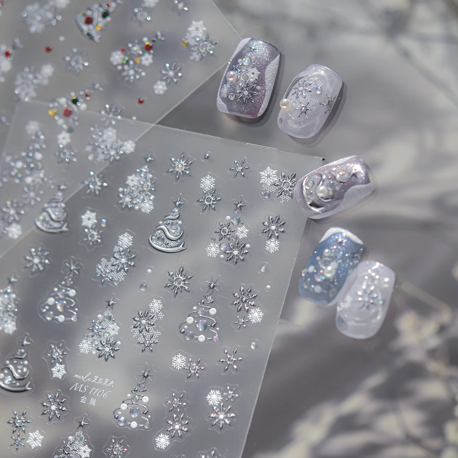 Ice Snow 5D Nail Stickers Metal Christmas Tree Hollow Cutout Multi‑Layer Snowflake Starburst Hot Silver Manicure Holiday Nail