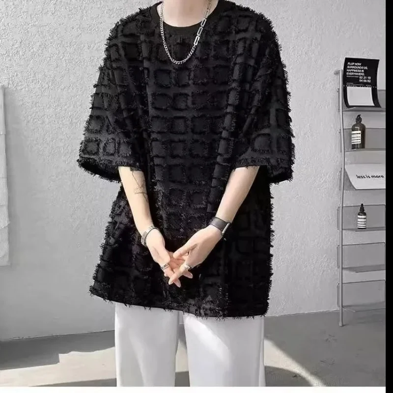 Black Geometric Patterned Oversized Casual Shirt for Men Short Sleeve Pullover Street Style Loose Fit Polyester Top